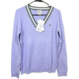 Lacoste Sport Sweater Womens 44 12 Purple V Neck Cotton Knit Logo Preppy Jumper